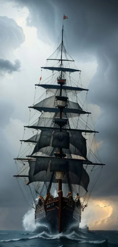 Ship navigating stormy seas with dramatic sky and ocean waves.