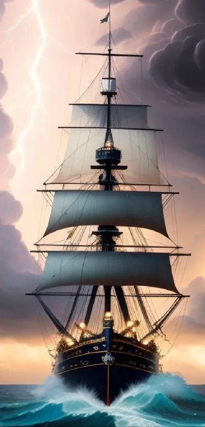 Majestic ship sailing through stormy seas with dramatic clouds and lightning.