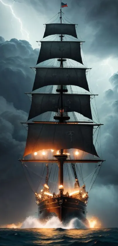 A majestic ship sails through stormy seas under dark, cloudy skies.