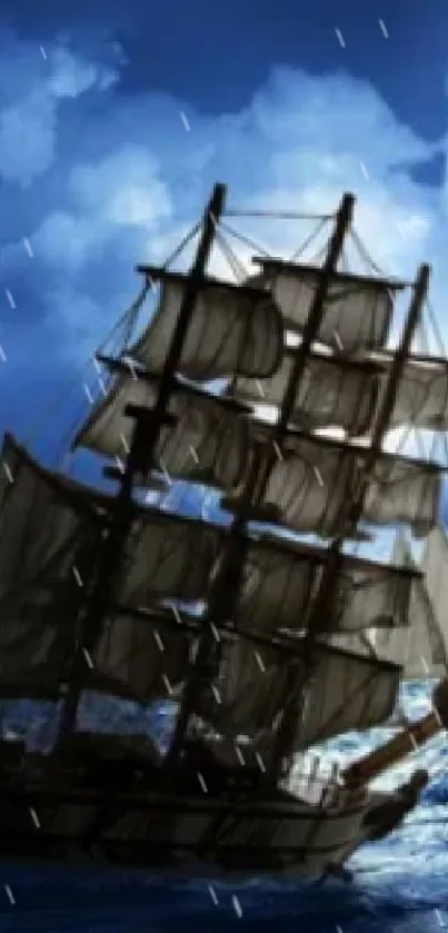 Ship battling stormy waves under dark clouds in a dramatic ocean setting.