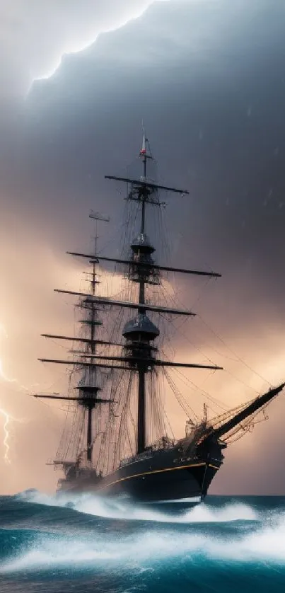 Majestic ship sailing through stormy seas with dramatic lightning in the background.