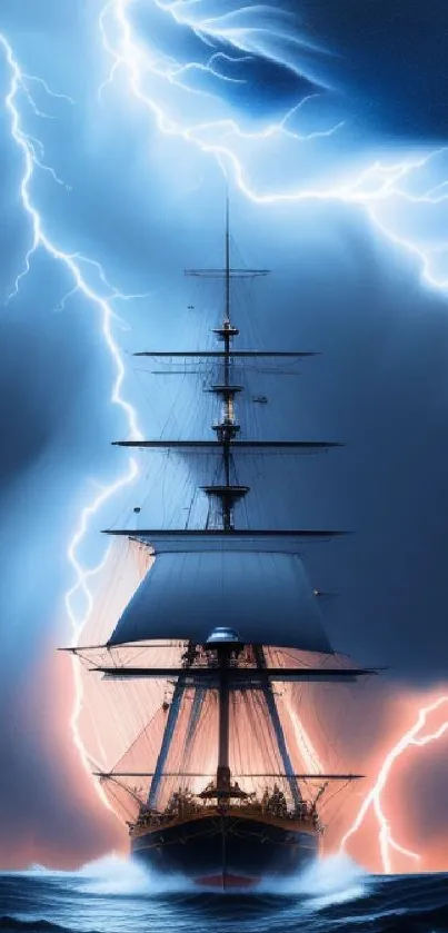 Majestic ship sailing through a dramatic storm with lightning.