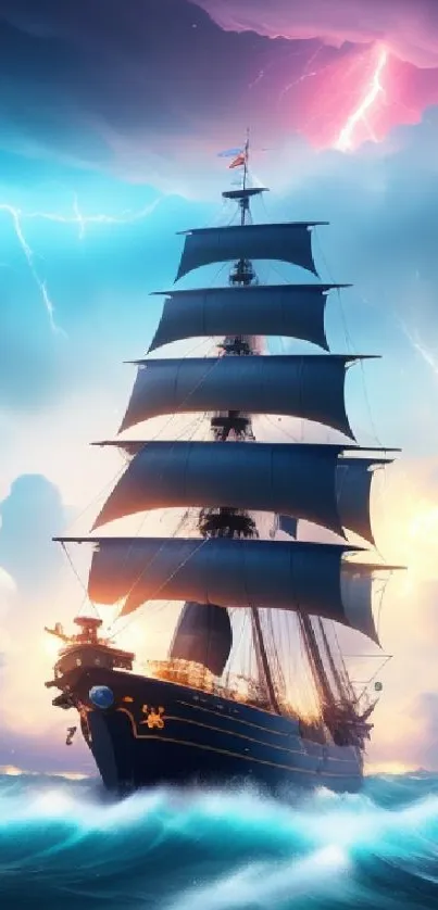 Tall ship navigates stormy seas under dramatic skies in vivid mobile wallpaper.