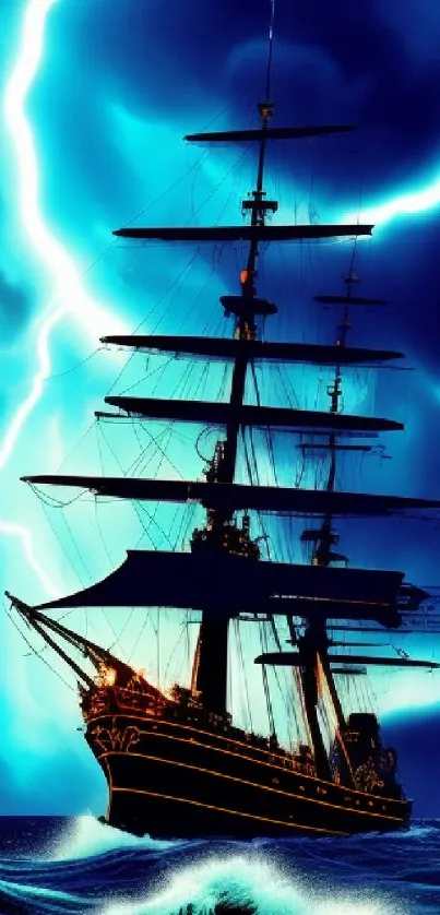 A majestic ship sails through stormy seas with lightning illuminating the sky.