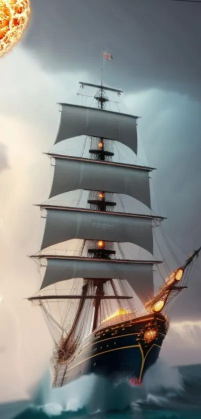 A majestic ship sails through stormy seas under a dramatic sky.