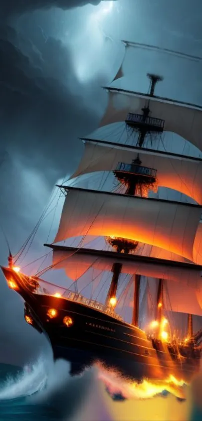 Sailing ship braving stormy seas with dramatic lighting.