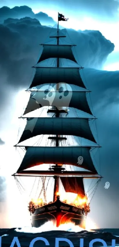 Majestic ship sailing through stormy seas with dramatic clouds.