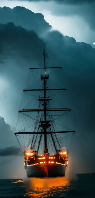 Majestic ship facing storm in dark, dramatic ocean scene.