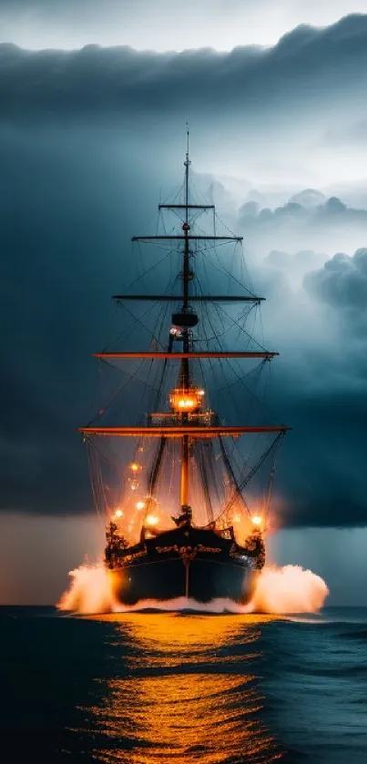 Majestic ship sails through stormy, dramatic seas at night with illuminating glow.