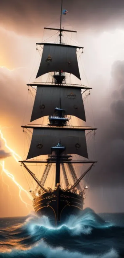 Ship sailing through stormy seas with lightning in the background.