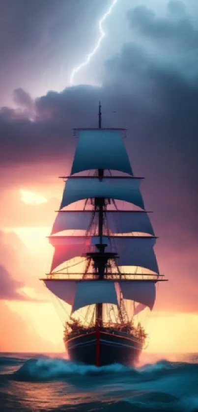 Majestic ship sails through a vibrant, stormy sunset ocean scene.