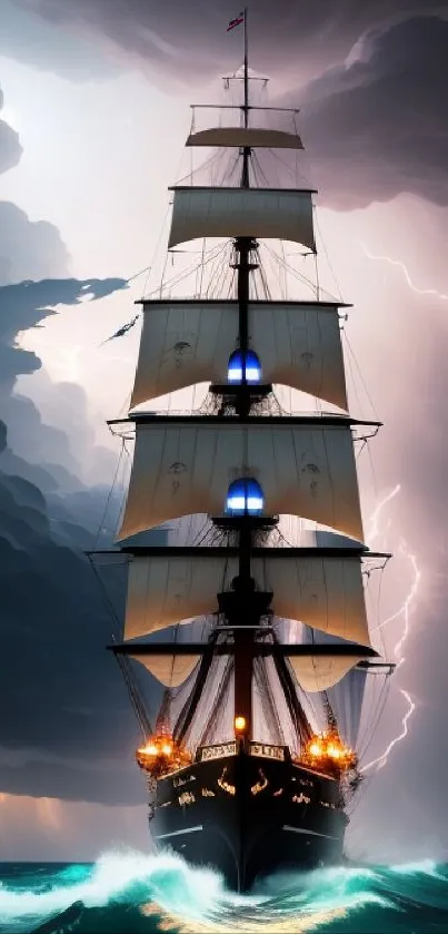 Majestic ship navigating stormy ocean with lightning in dramatic scene.