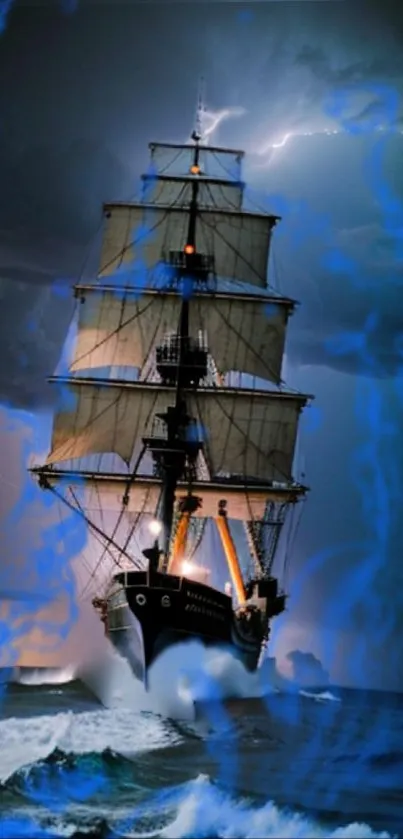 Majestic ship battling stormy sea with dark clouds and lightning.