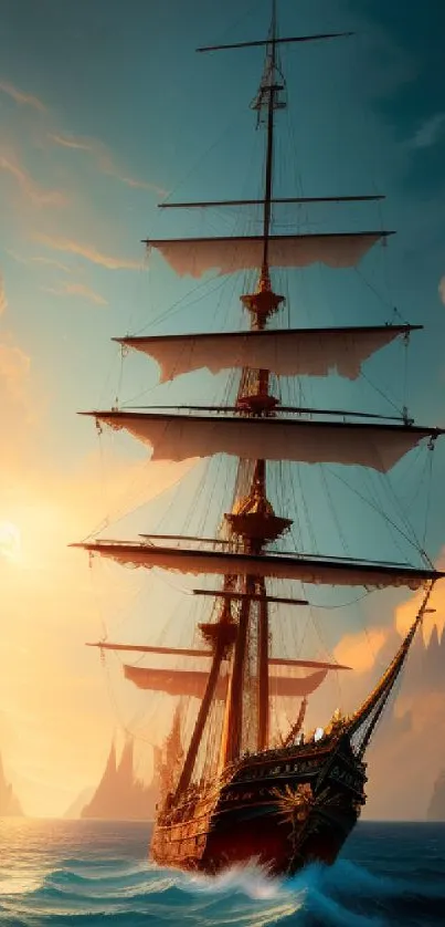 Majestic ship at sunset with stunning ocean waves.