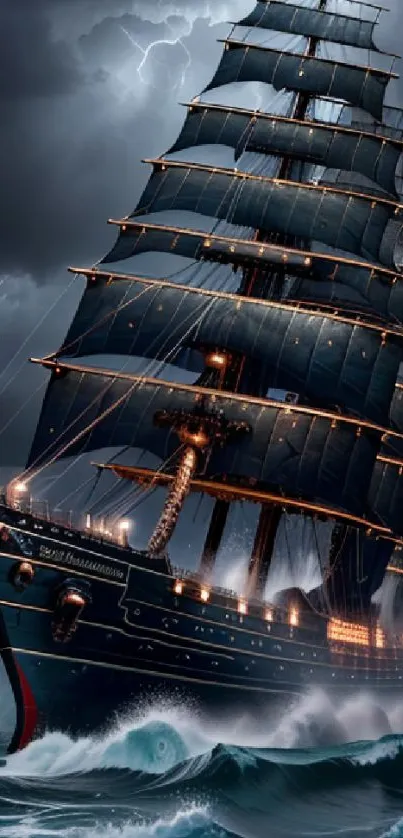 Majestic ship navigating a stormy ocean with lightning in the background.