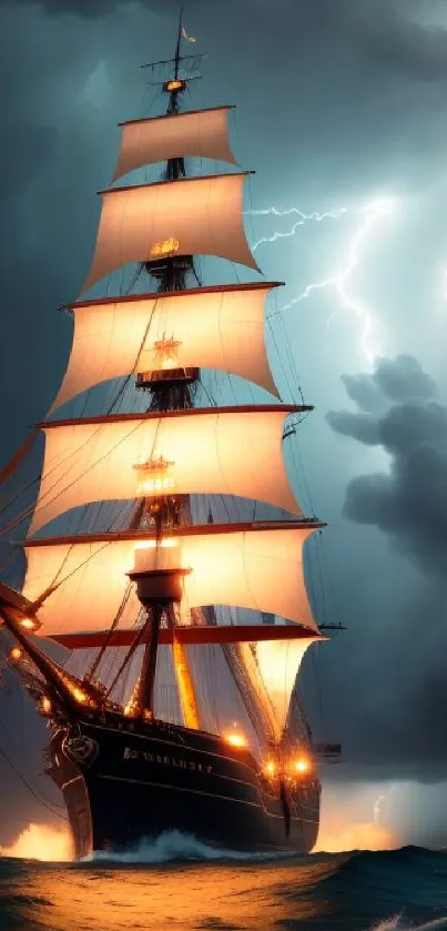 Sailing ship during thunderstorm with dramatic lightning and dark ocean waves.