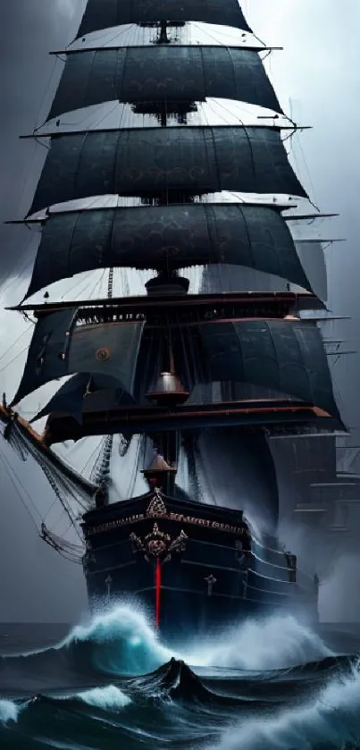 Majestic ship battles stormy seas under dark, dramatic skies.