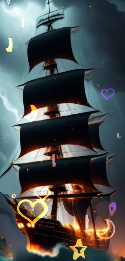 Elegant ship with black sails and cosmic emoticons on a starry night backdrop.