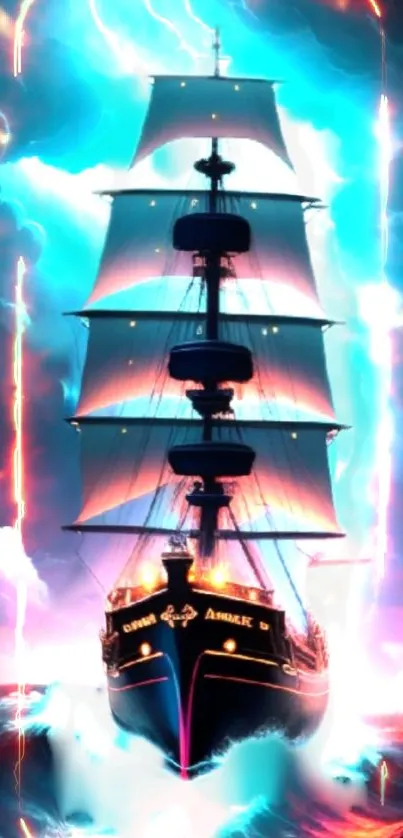 A majestic ship sailing through vibrant, fiery skies and seas, creating a dramatic scene.