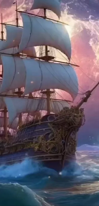 Majestic ship sailing on a mystical ocean under a vibrant, magical sky.