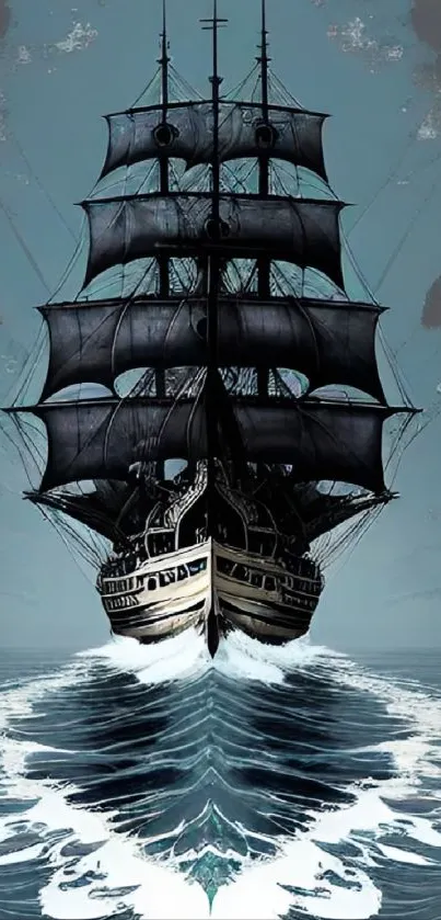 Majestic black ship sails through teal ocean waves under a blue sky in a vector design.