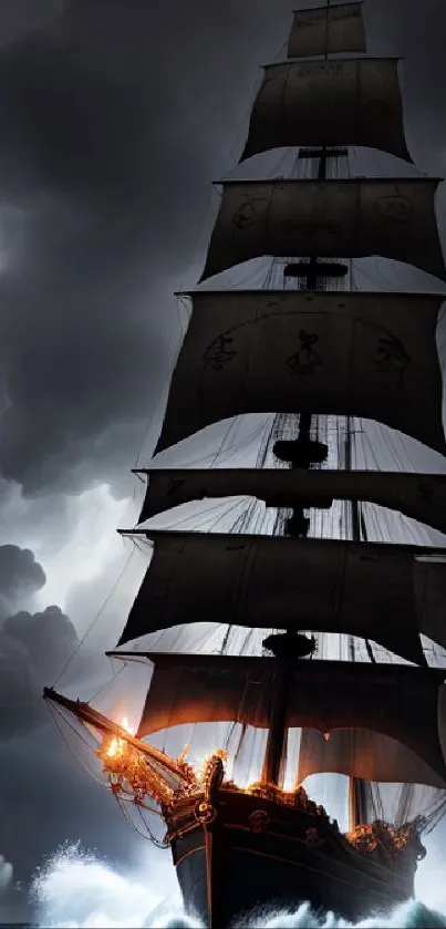 Majestic ship sailing through a stormy ocean with dramatic clouds.