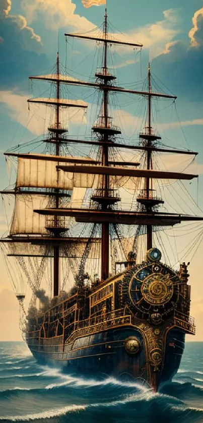 Majestic sailing ship on ocean waves with a vibrant sky.