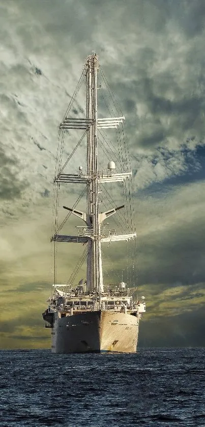 Majestic ship sailing on open sea under dramatic skies.