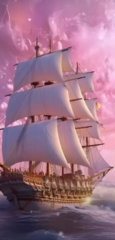 Majestic ship sails through pink waves under a celestial sky in this mobile wallpaper.