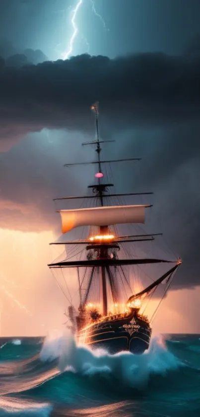 Majestic ship sailing through stormy seas under a lightning-filled sky.