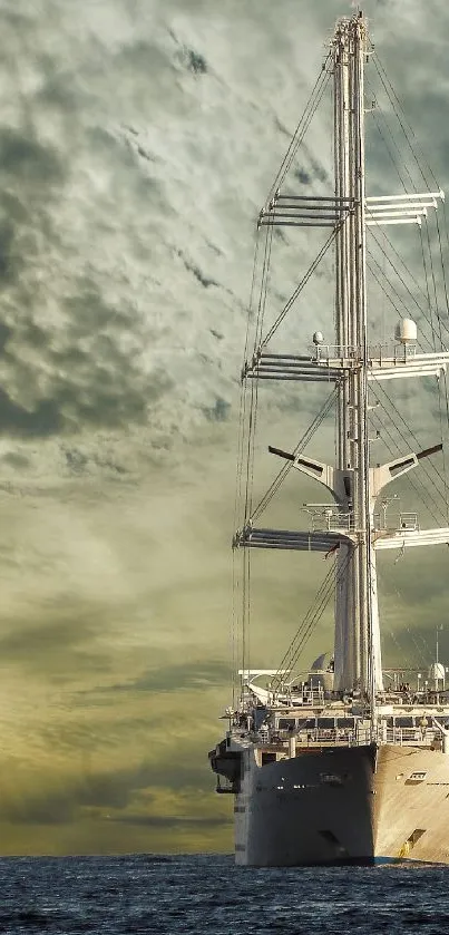 Majestic ship on a stormy ocean with a dramatic sky.