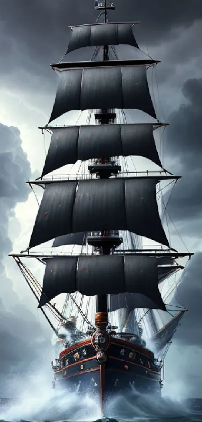 Majestic ship sailing through stormy sea with dark clouds and crashing waves.