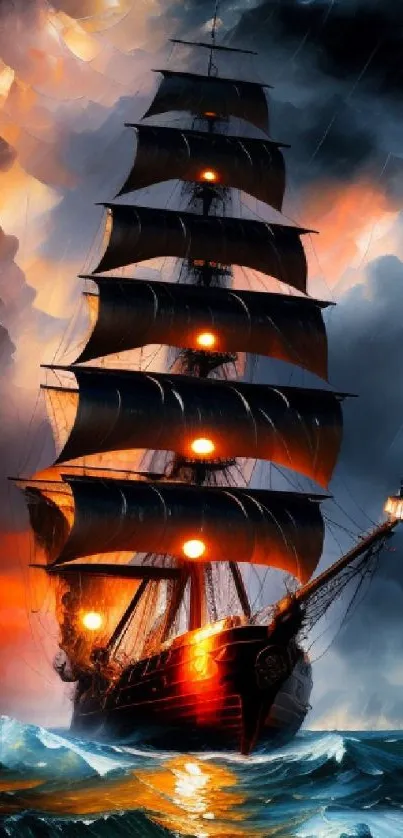 Majestic ship sailing on stormy seas with dramatic lighting.