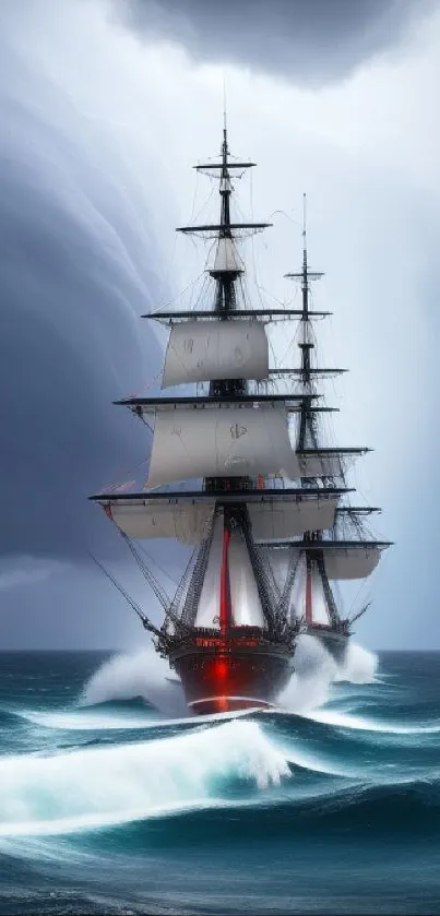 Majestic ship navigating stormy ocean waves with dark clouds above, perfect for wallpaper.