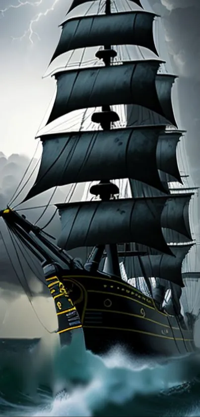 Majestic ship braving dark stormy seas with striking sails.