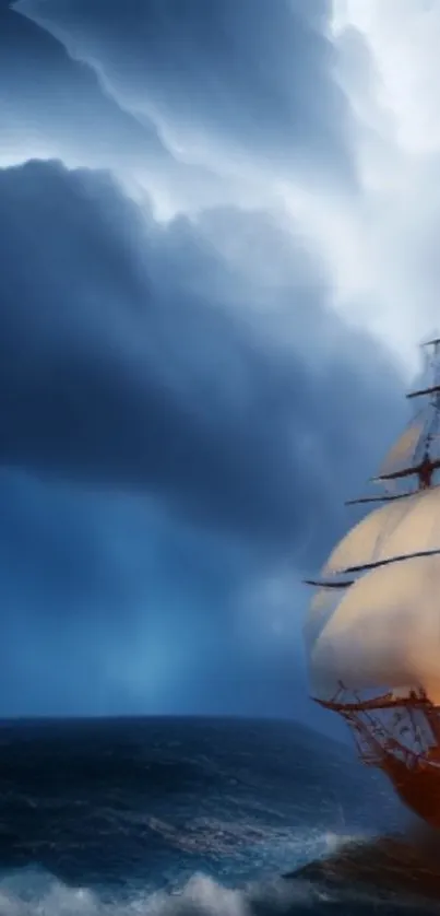 Majestic sailing ship in stormy ocean with dramatic clouds.