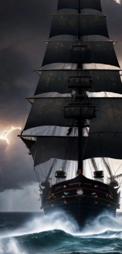 Majestic ship sailing through stormy seas with lightning and waves.