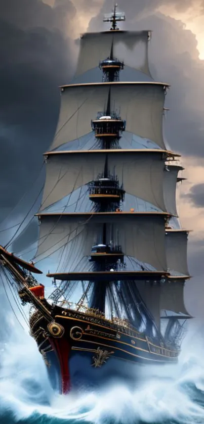 Majestic ship navigating stormy seas with dramatic clouds.