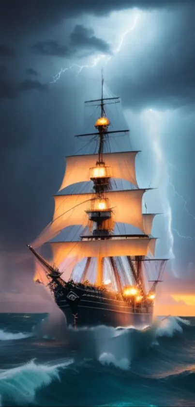 Ship sailing through storm with lightning and turbulent waves.