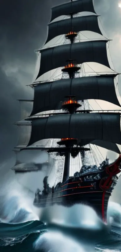 Majestic ship sailing through stormy seas with dark clouds overhead.