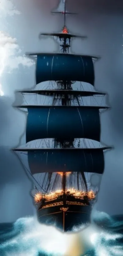 Majestic ship sailing through stormy seas with dark blue skies.