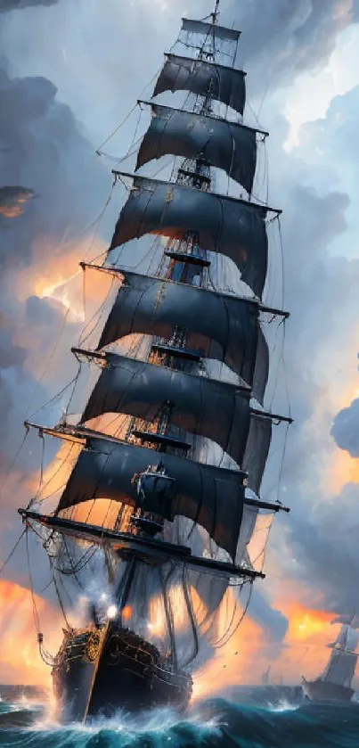 Majestic ship sails through a stormy sea under dramatic skies.