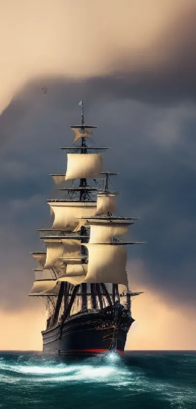 Majestic ship sailing through stormy seas with dramatic sky.