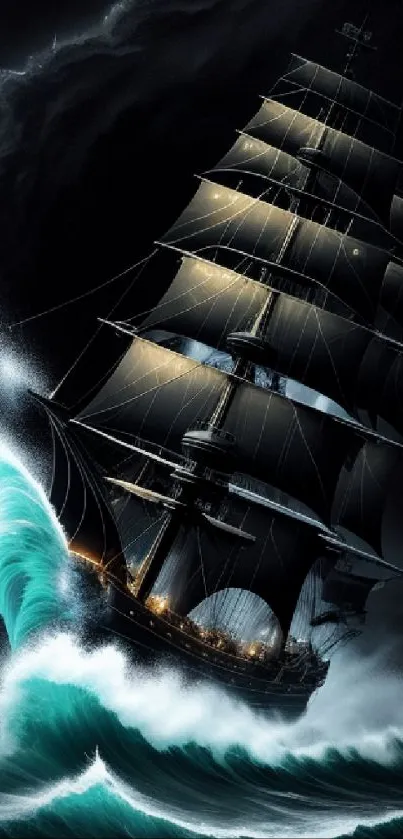 Sailing ship on dark ocean waves at night.