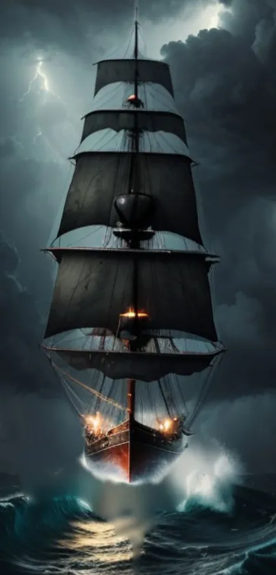 Majestic ship sailing through stormy night seas.