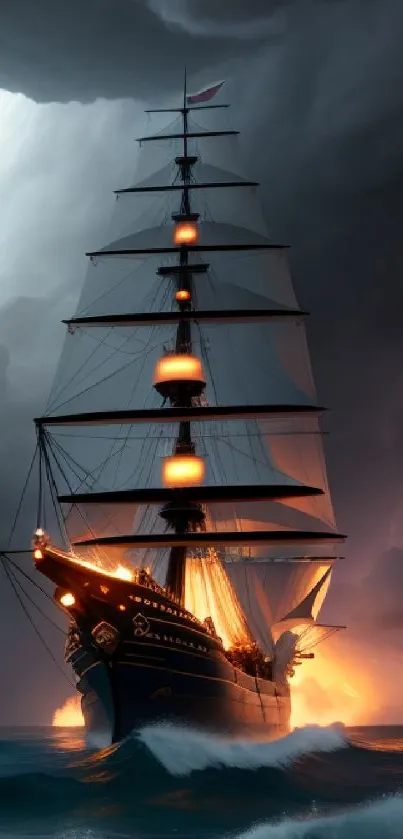 Majestic ship sails through stormy seas with fiery sunset backdrop.