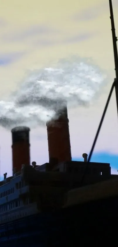 Silhouette of a ship with smokestacks under a light blue cloudy sky.