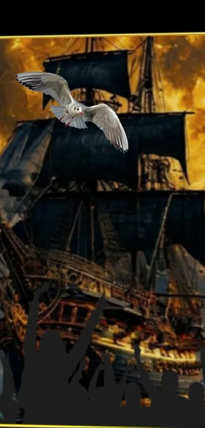 A majestic ship sails under a glowing full moon with a bird flying above.