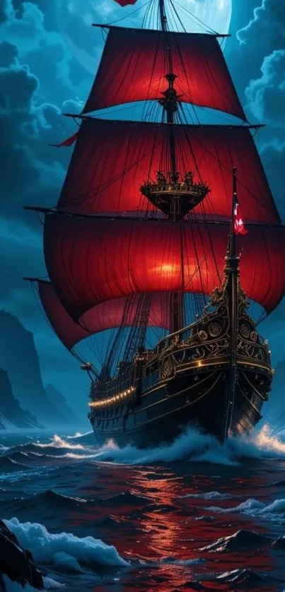 Majestic ship with red sails under a moonlit sky, navigating the ocean.