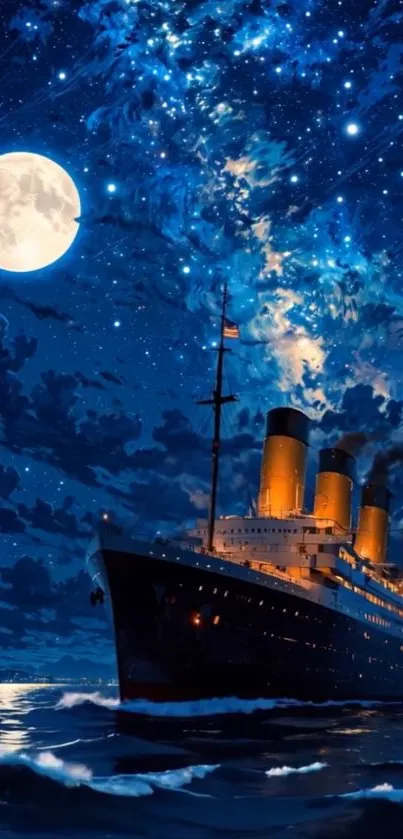 A majestic ship sails under a starry moonlit sky on the open ocean.